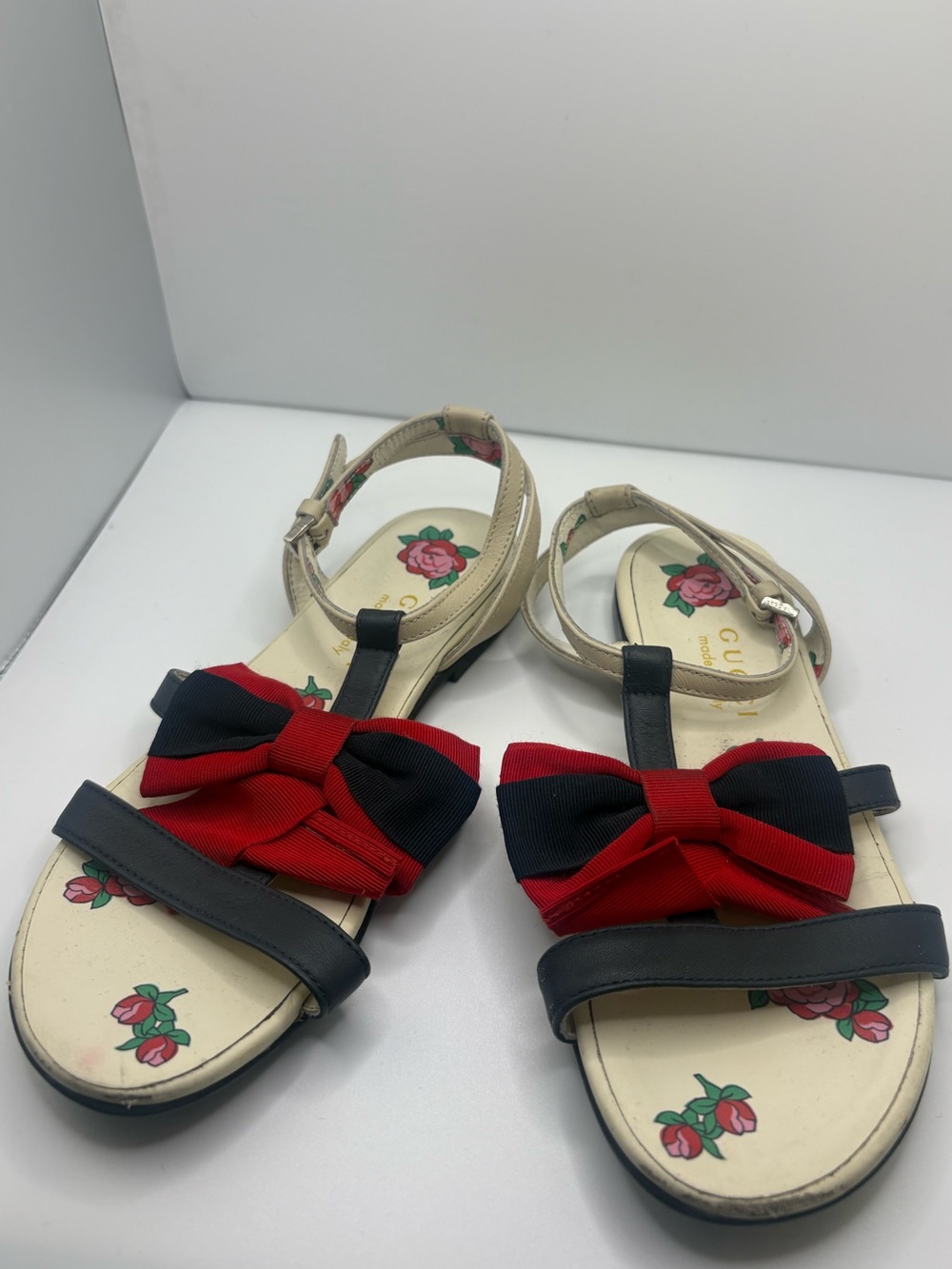 Gucci Kids Navy & Red Bow Floral Strap Sandals